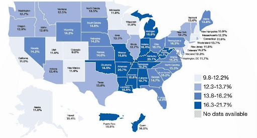 US Map of 45 and older who've had Coronary Heart Disease